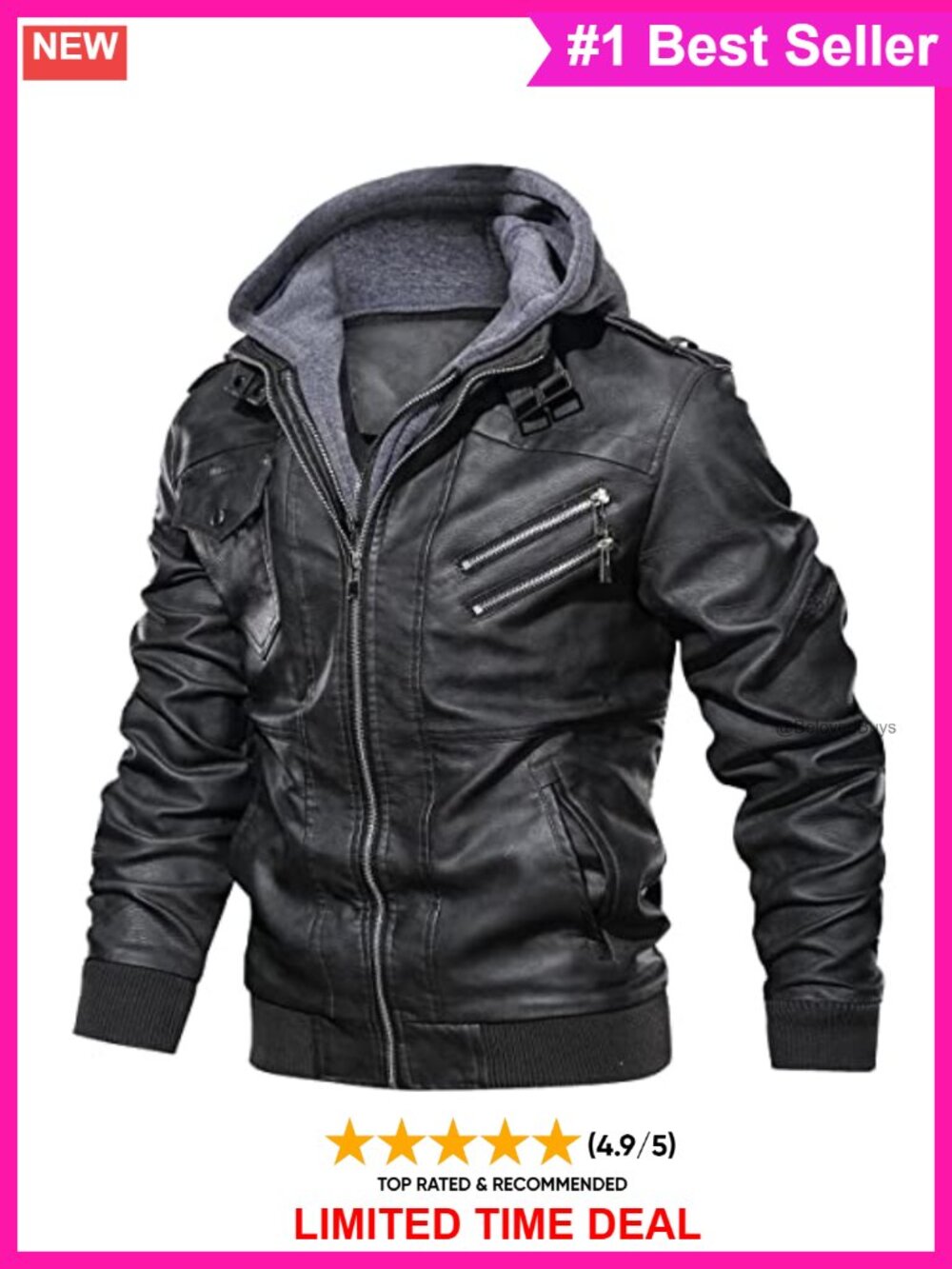 Men's Faux Leather Motorcycle Jacket Removable Hood Zip Moto Casual